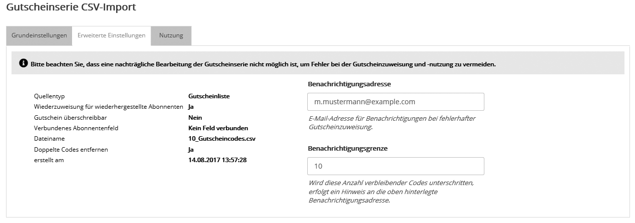 Gutscheinserie CSV-Import Gutscheinserie CSV-Import